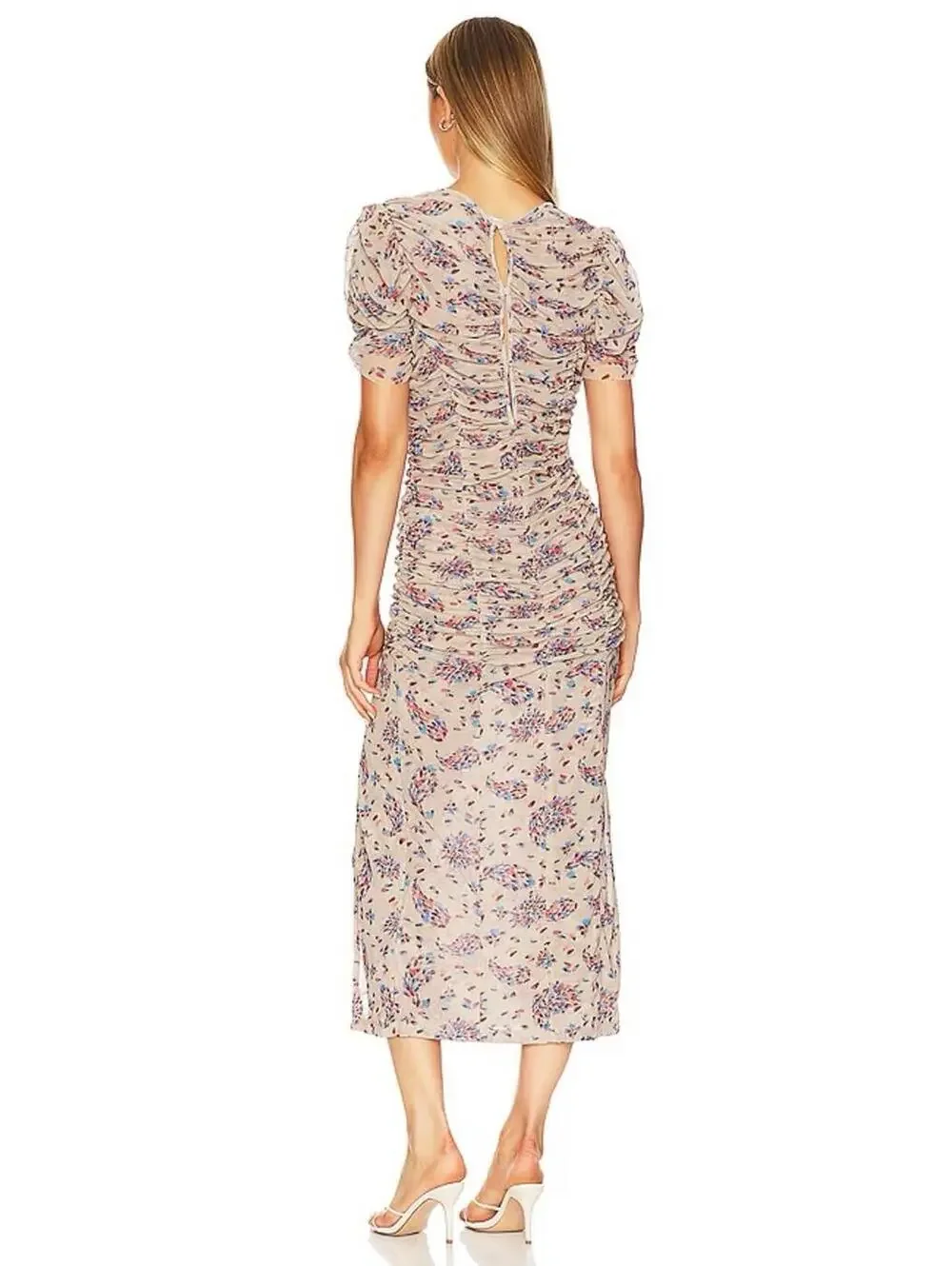 NEW! Free People Briella Ruched Midi Dress‎ Floral Tea Combo Puff Sleeve Size XS
